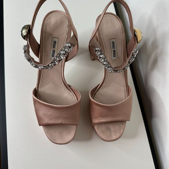 Miu Miu Nude Calzature Donna Satin Crystal Ankle Strap Platform Block Heels 10.5 - Picture 5 of 16